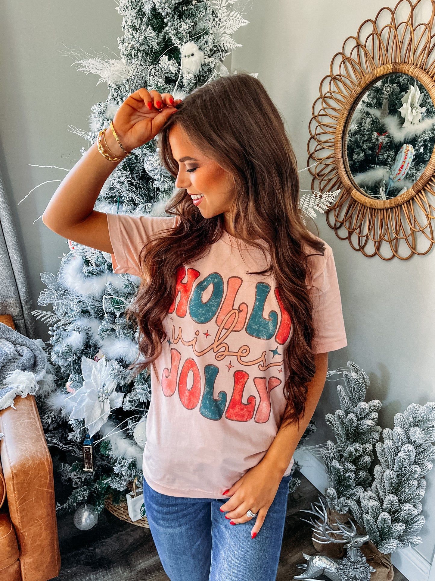 Holly Jolly Vibes Graphic Tee - Peach